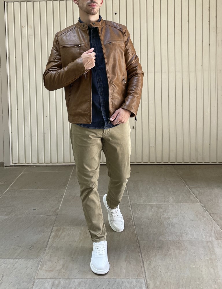 Ανδρικό ταμπά μπουφάν δερματίνη με ραφές στους ώμους 9813T φωτογραφία